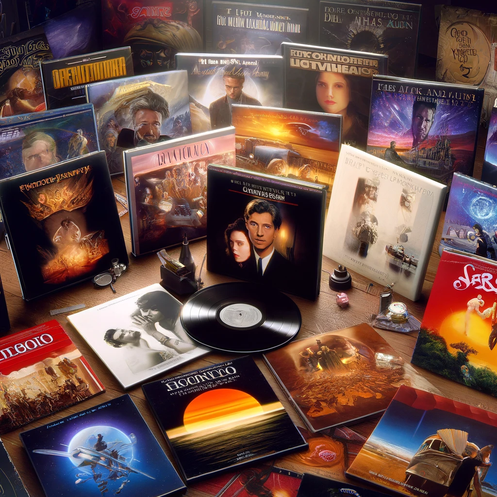 Coleção de capas de álbuns de trilhas sonoras clássicas espalhadas com um disco de vinil no centro.