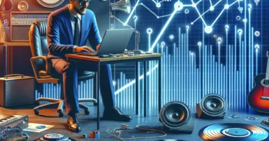 Empreendedor da música trabalhando em um laptop com gráficos de crescimento, discos e instrumentos ao redor, em um ambiente de escritório.