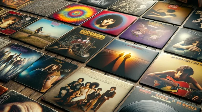 Coleção de discos de vinil icônicos e capas de álbuns de diferentes gêneros e décadas, destacando a qualidade atemporal e aclamação universal.