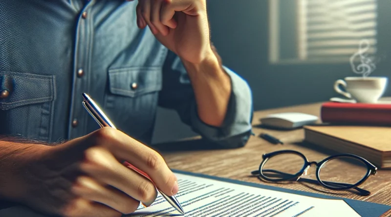 Músico concentrado analisando um contrato de música em sua mesa, com uma caneta na mão e itens pessoais que sugerem uma sessão de trabalho prolongada.