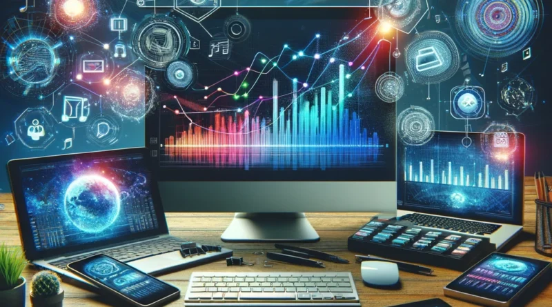 Dispositivos digitais exibindo plataformas de streaming de música e redes de distribuição, com elementos de análise de dados e pesquisa de mercado.